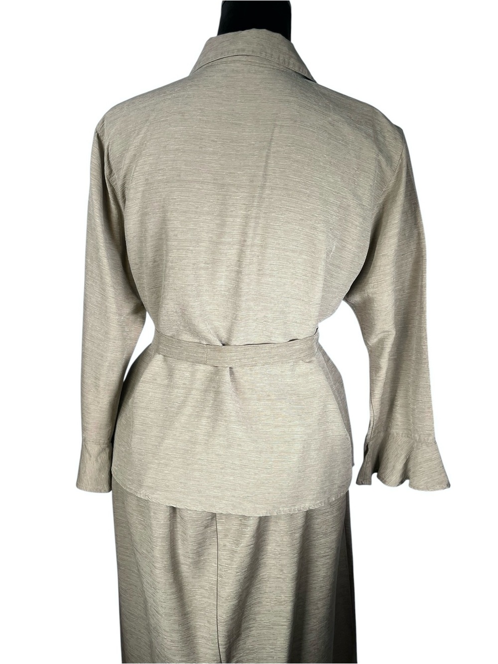 Vintage Silk Skirt Suit Women's Brown Beige Button-Front Set Ruched Safari Large - Picture 5 of 11